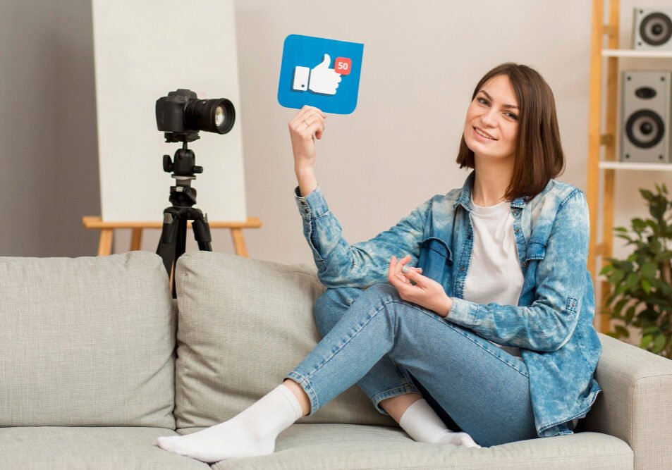 Beautiful woman recording for personal blog