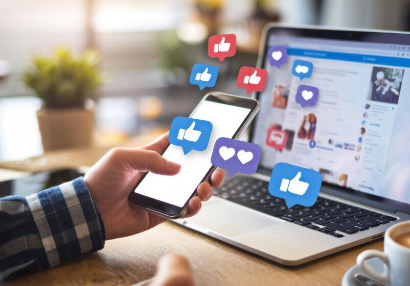 Influencer happy and woman live streaming talking for broadcast